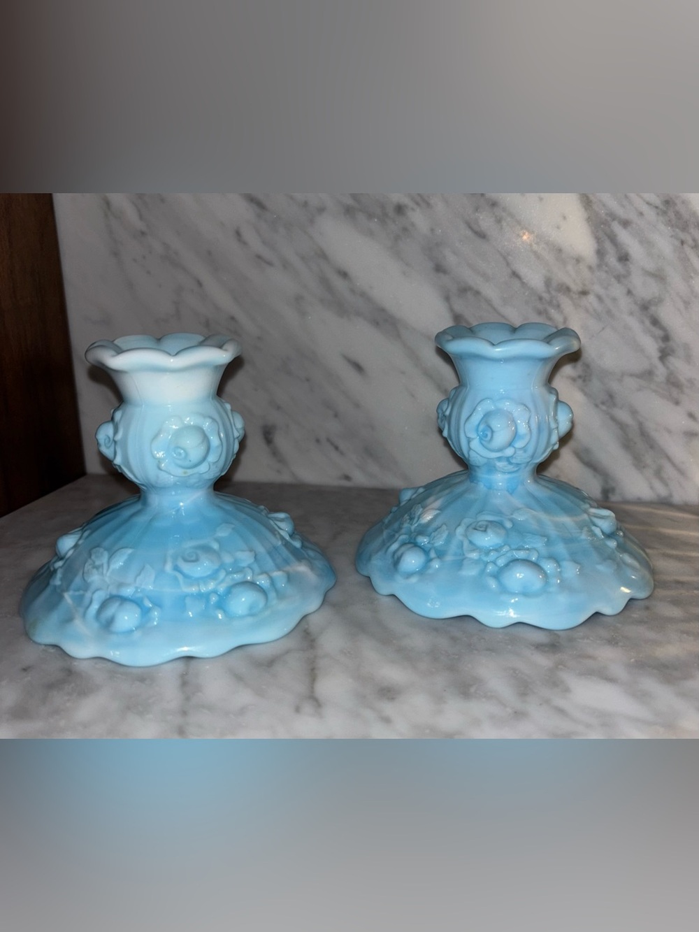Vintage Fenton Blue Floral Candle Holders - Home Accents